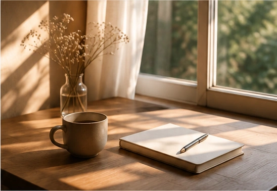 A warm, quiet table by a window with a cup and notebook